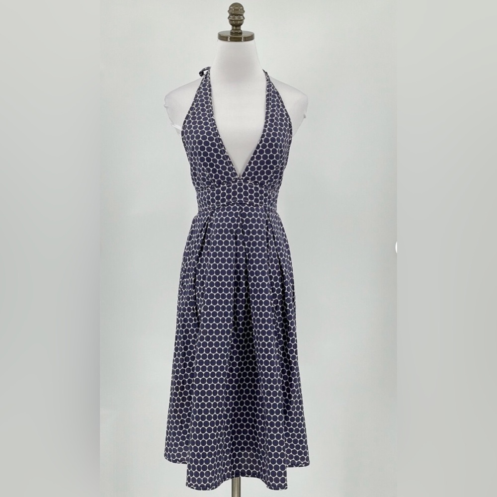 J. Crew Navy and White Polka Dot Halter Fit Flare Midi dress